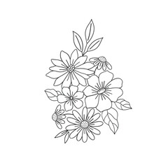 Linear flower arrangement Retro 70s 60s Groovy Hippie Flower Power vibes vector illustration isolated on white. Boho Summer retro colouring page floral bouquet print.