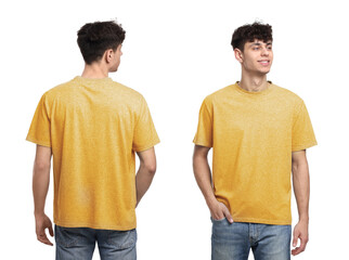 Collage with photos of man in yellow t-shirt on white background, back and front views. Mockup for design