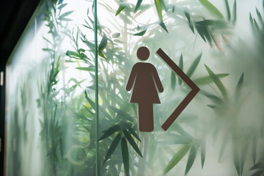 Women's public toilet sign with arrow showing direction on glass wall
