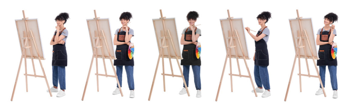 Collage with photos of painter near easel on white background