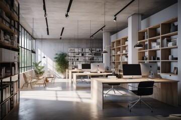 Modern spacious loft office. The combination of wood and concrete in the finishes, large work tables, modern computers, shelves and a seating area. Large panoramic windows. Comfortable Generative AI