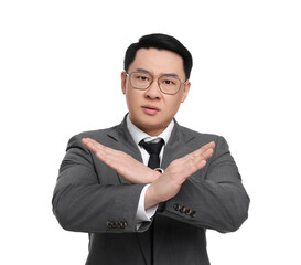 Angry businessman in suit posing on white background