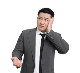 Tired businessman in suit posing on white background