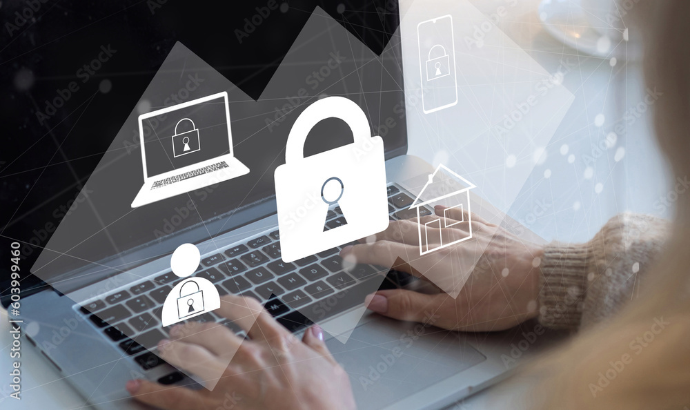 Poster businessman use a laptop to login by password with virtual screen of padlock, security of private. t