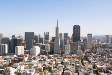 View of San Francisco skyline, business and financial districts, Transamerica Pyramid and North Beach