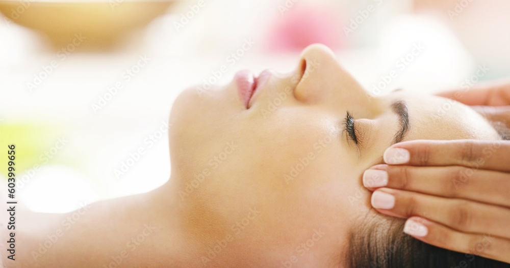 Sticker Woman, hands and face sleeping in spa massage for zen, physical therapy or healthy wellness at resort. Calm female person in relax or sleep for luxury facial treatment, body care or relief at salon