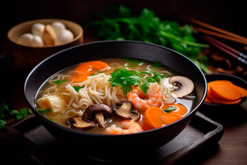 Noodle soup with vegetables and seafood, Asian cuisine. Generative AI	