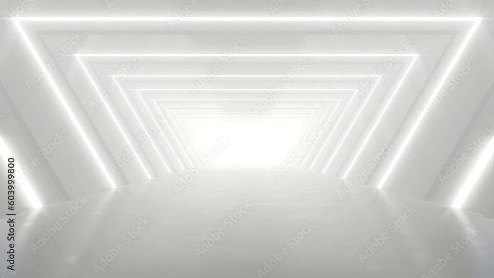 Poster abstract white futuristic geometric tunnel, architecture design concept, 3d rendering.