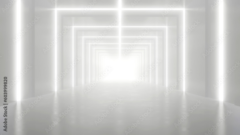 Poster abstract white futuristic geometric tunnel, architecture design concept, 3d rendering.