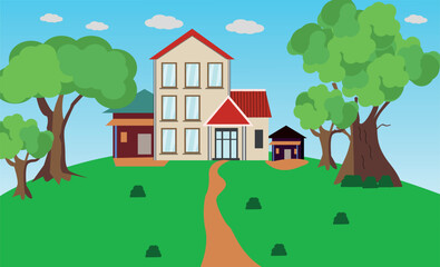 Obraz na płótnie Canvas Vector illustration of a Beautiful home and house, landscape background, green grass colorful trees and blue sky simple cartoon style