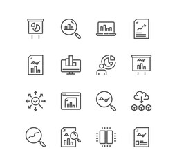 Set of data analysis related icons, charts, graphs, traffic analysis, datum, compute, reports, filter, research and linear variety symbols.