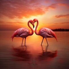 two loving flamingos in the sunset making a heart .Generative AI