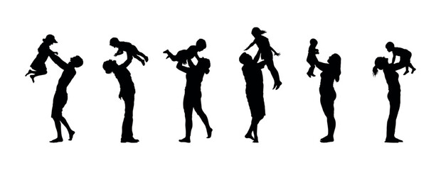 Father and mother have fun playful lifting their baby child and kids up in the air silhouette set collection.