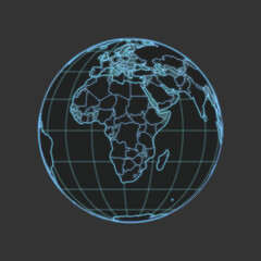 High quality vector World/Africa Map - globe in grey & blue colors. Isolated detailed editable illustration with countries & graticules on dark grey background with neon lighting effects.