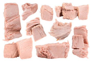 Collage with pieces of canned tuna on white background