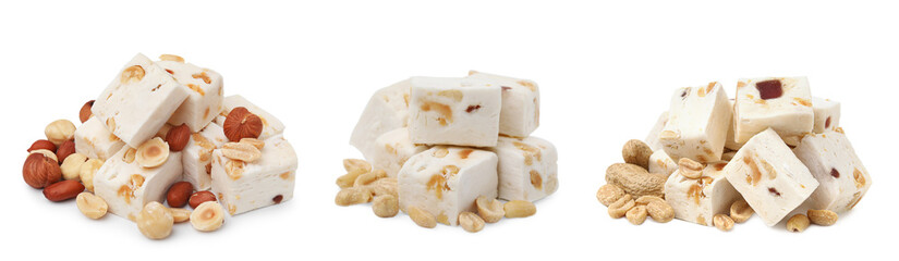 Piles of delicious nougat on white background, collage design
