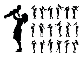 Set of silhouettes of parents playing and lifting baby children kids up vector illustration. Family playful having fun together silhouette set.