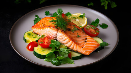 Salmon fillet with vegetable salad of avocado, tomatoes and parsley.
