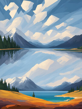 Lake in the mountains. AI generated illustration © vector_master