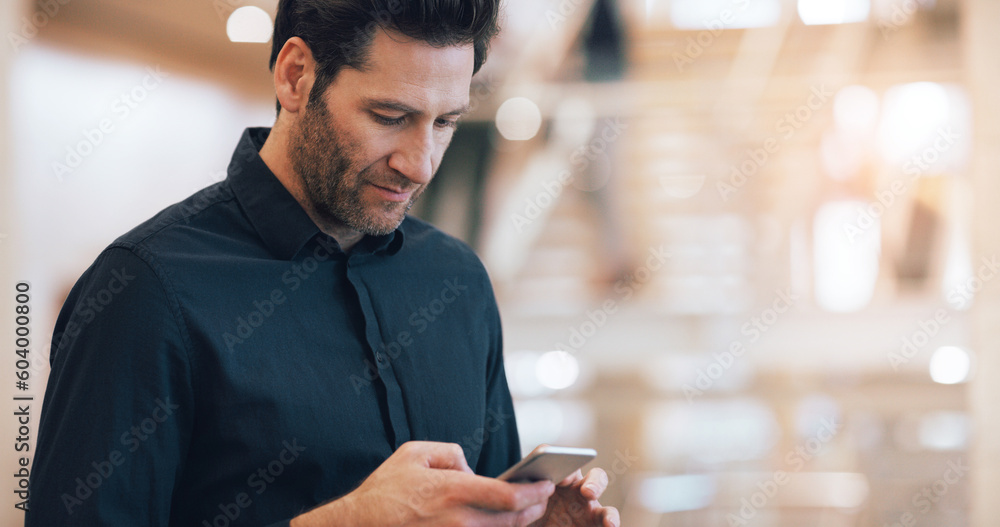 Aufkleber business man, texting and phone with space in office mockup for networking, chat and email communica