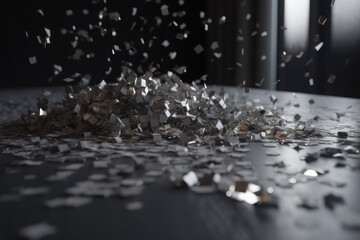 Festive background. Silver confetti falling down on a dark background. AI generative.