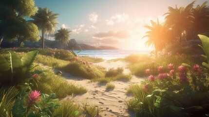 Abstract background with beautiful sea or ocean view in sunrise lights. Seascape with sand beach, blooming flowers, plants and green trees. Horizontal illustration for banner design. Generative AI