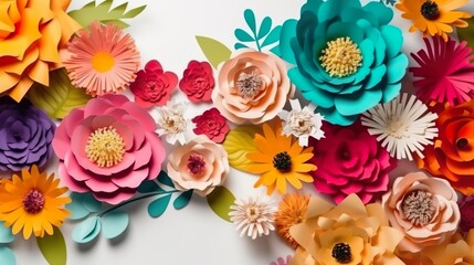 Abstract background with paper flowers in quilling handmade style. Floral wallpaper of blooming bouquet with rose, dahlia, daisy and other. Horizontal illustration for banner design. Generative AI.