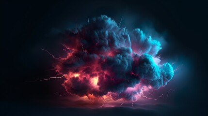 Abstract background with dark thunderstorm clouds with glowing electric lightnings. Stormy danger cloud preparing for rain at dark backdrop. Horizontal illustration for banner design. Generative AI. - obrazy, fototapety, plakaty