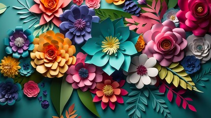 Abstract background with paper flowers in quilling style. Floral closeup wallpaper of blooming bouquet with rose, dahlia, daisy and leaves. Horizontal illustration for banner design. Generative AI.