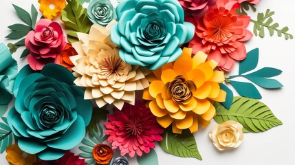Abstract background with different flowers and leaves in quilling handmade style. Wallpaper of blooming bouquet with rose, dahlia and other. Horizontal illustration for banner design. Generative AI.