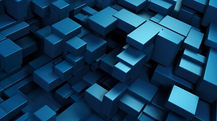 Abstract background with dark blue structure composed of 3d cubes mosaic. Minimal geometry wallpaper with realistic blocks print effect. Horizontal illustration for banner design. Generative AI.