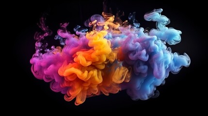 Abstract background with smoke waves cloud mix colors at dark backdrop. Acrylic drop in water and rainbow ink swirling underwater effect. Horizontal illustration for banner design. Generative AI.