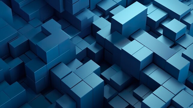 Fototapeta Abstract background with dark blue structure of 3d cubes or blocks pattern. Minimal wallpaper with geometric shapes architecture composition. Horizontal illustration for banner design. Generative AI.