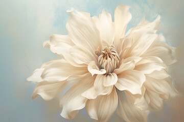 Obraz premium Single pale white flower. Cream colored dahlia painted in watercolor on light pastel blue background. Minimalistic floral background in tender paslet colors. Vertical floral banner. Generative AI
