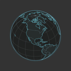 High quality vector World/America Map - globe in grey & blue colors. Isolated detailed editable illustration with countries & graticules on dark grey background with neon lighting effects.