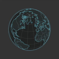 High quality vector World/America/Europe/Africa Map - globe in grey & blue colors. Isolated detailed editable illustration with countries+graticules on dark grey background with neon lighting effects.