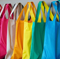 Several multicolor reusable shopping bags