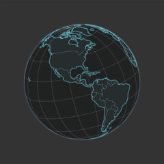 High quality vector World/America Map - globe in grey & blue colors. Isolated detailed editable illustration with countries & graticules on dark grey background with neon lighting effects.