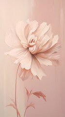 Single tender pale pink flower isolated on cream colored light pastel pink background. Minimalistic floral background in tender paslet colors. Vertical floral banner, copy space. Generative AI