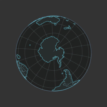 High quality vector World/South pole Map - globe in grey & blue colors. Isolated detailed editable illustration with countries & graticules on dark grey background with neon lighting effects.