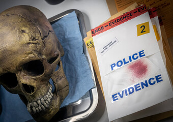 Human blood-stained bandage in evidence bag next to skull of middle-aged man in crime lab, DNA determination, conceptual image