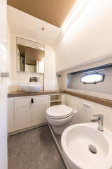 Fototapeta na wymiar yacht Interior of a modern bathroom with white bathtub and toilet. Nobody inside