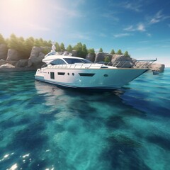 A floating modern luxury yacht in turquoise waters. AI