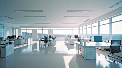 Fototapeta na wymiar Efficient Brilliance: A Tidy Office Space with Gleaming Desks and Polished Floors, Illuminated by Bright Natural Light