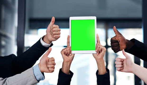 Green screen, thumbs up and business people on tablet for branding, contact us and online app. Mockup space, digital tech and hands with like or approval for social media, advertising and website - Powered by Adobe
