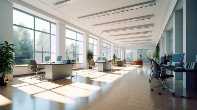 Energetic Serenity: A Brightly Lit Office Space with Gleaming Desks, Polished Floors, and Streaming Natural Light