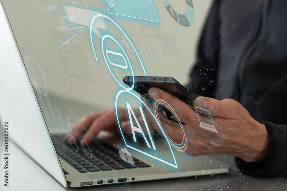Poster man using laptop or smartphone with chat gpt chat with ai, artificial intelligence, system artificia