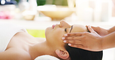 Obraz na płótnie Canvas Woman, hands and face massage at salon for zen, physical therapy or healthy wellness in relax at resort. Calm female person relaxing or sleeping in luxury facial treatment or stress relief at the spa