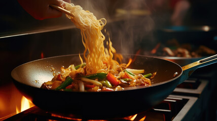 Funchoza flambe rice noodles with vegetables cooking on fire in wok pan