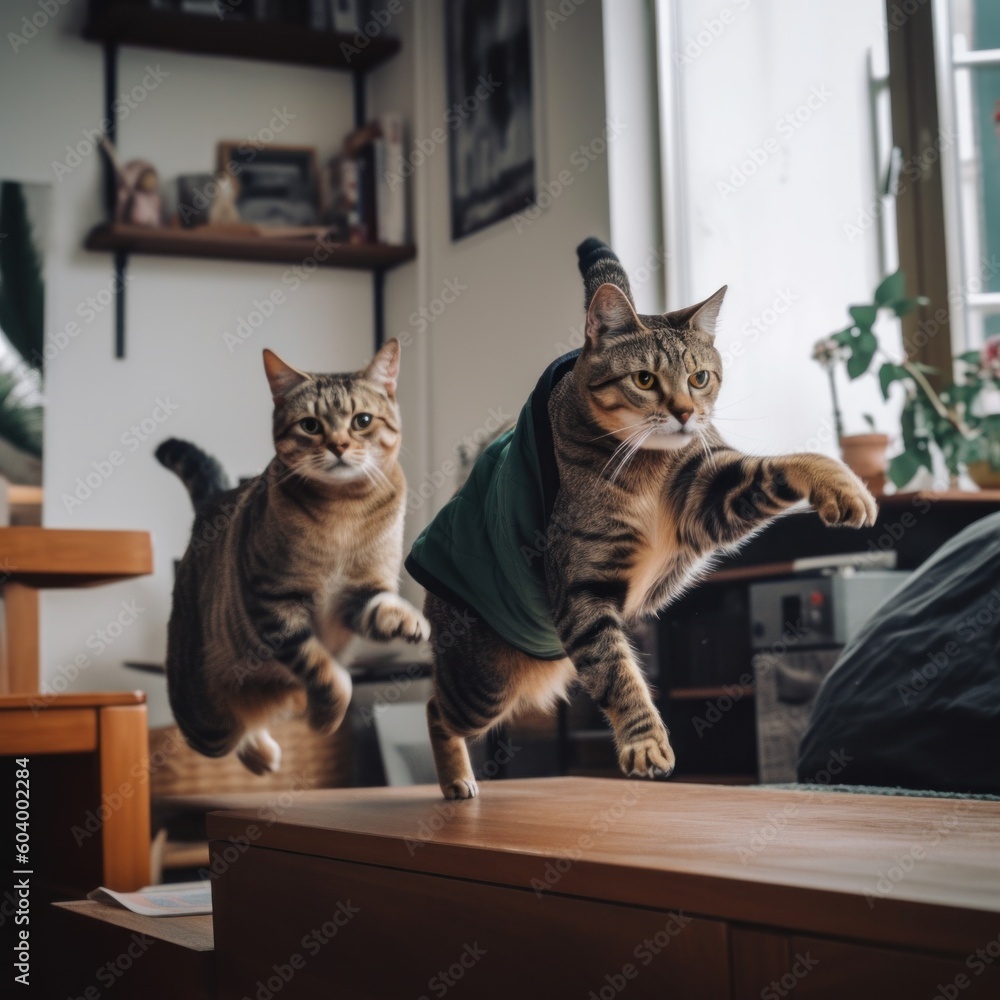 Poster a couple of cats that are standing on a table. generative ai image.